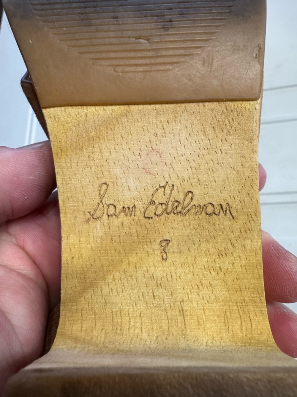 Sam Edelman Women’s Sz 8 Tan Yancy Wood Block Sandals (Scuffed Toes, See Photos) - Picture 2 of 8